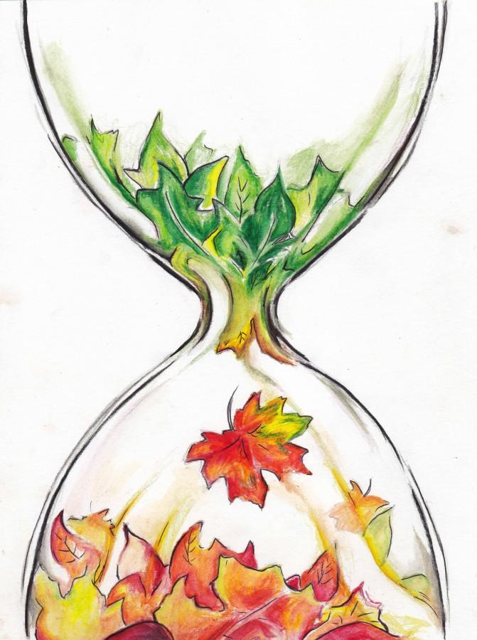 The autumnal equinox occurred on Wednesday, Sept. 23. Artist Mary Johnson depicts this change in seasons through leaves slipping down an hourglass and changing colors as they drop.