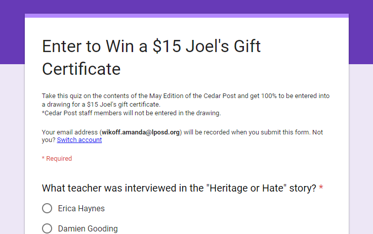 SHS Students - Enter to Win a $15 Joels Gift Certificate