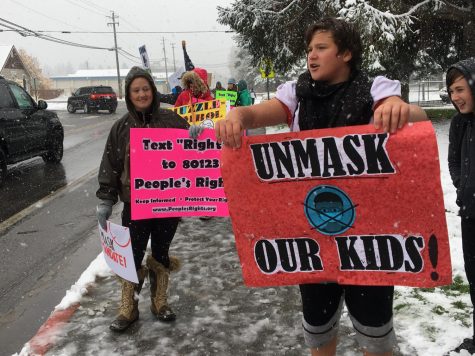Protestors stand on Divison street in front of the SHS parking lot holding up their anti-mask signs.