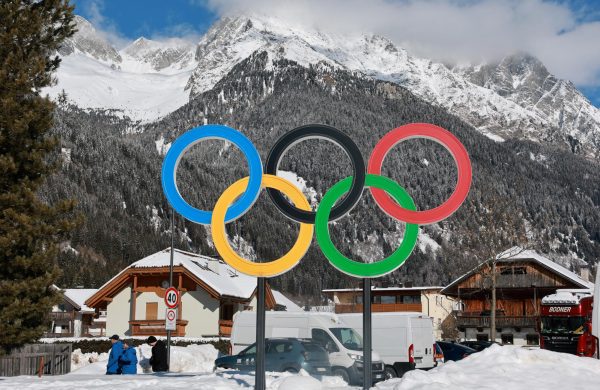 The Olympic Rings stand near Anterselva di Sopra (Antholz Obertal), which will host the biathlon competition at the Sudtirol Arena Alto Adige, as part of the Milano Cortina Winter Olympic Games 2026, in Anterselva Di Mezzo, Italy, January 31, 2026. REUTERS/Fabrizio Bensch